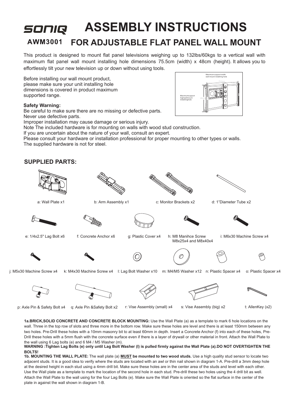 SONIQ AWM3001 User Manual | 3 pages