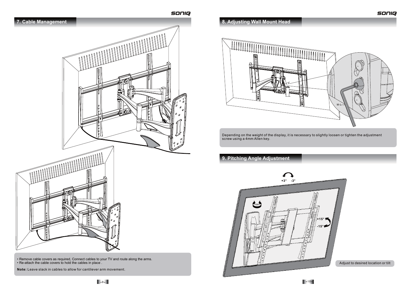 Cable management, Adjusting wall mount head, Pitching angle adjustment | SONIQ AWM3201 User Manual | Page 6 / 6