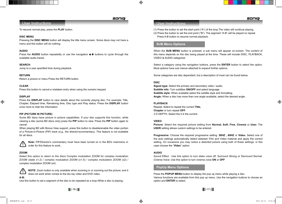 User instructions | SONIQ B500 User Manual | Page 10 / 17