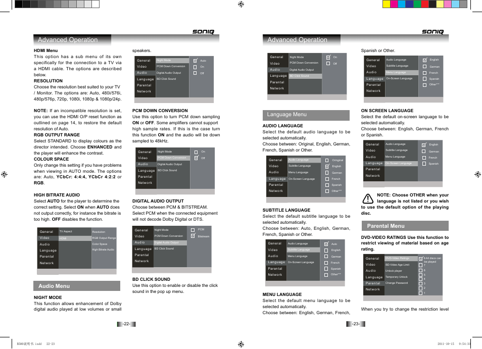Advanced operation, Language menu, Parental menu | Audio menu | SONIQ B500 User Manual | Page 13 / 17