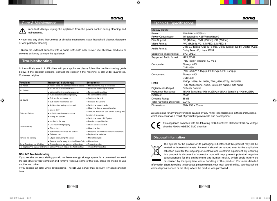Troubleshooting, Care & maintenance, Technical specifications | SONIQ B500 User Manual | Page 15 / 17