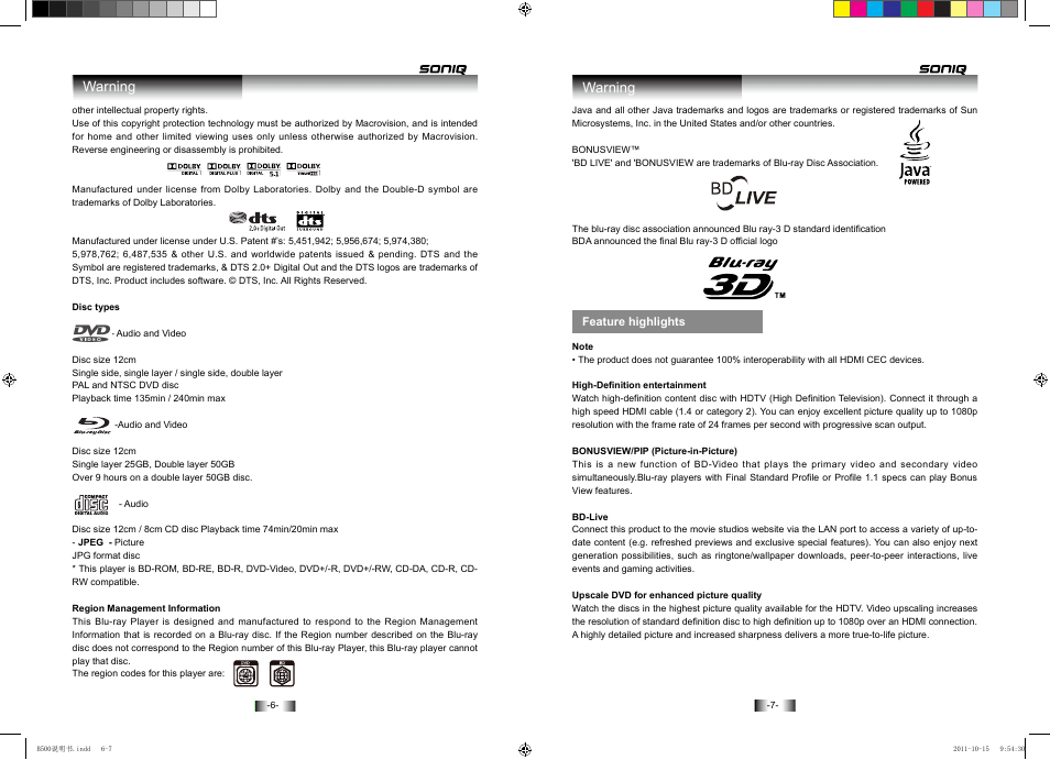 Warning | SONIQ B500 User Manual | Page 5 / 17
