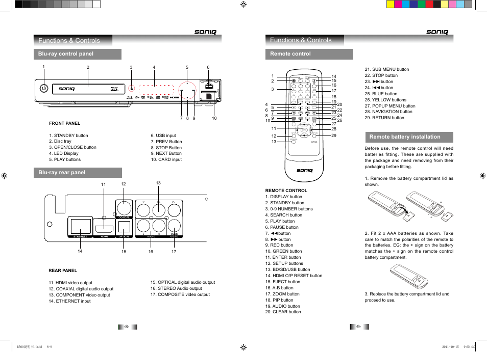 Functions & controls, Remote battery installation | SONIQ B500 User Manual | Page 6 / 17