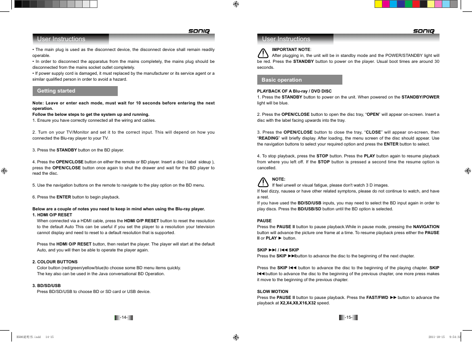User instructions | SONIQ B500 User Manual | Page 9 / 17