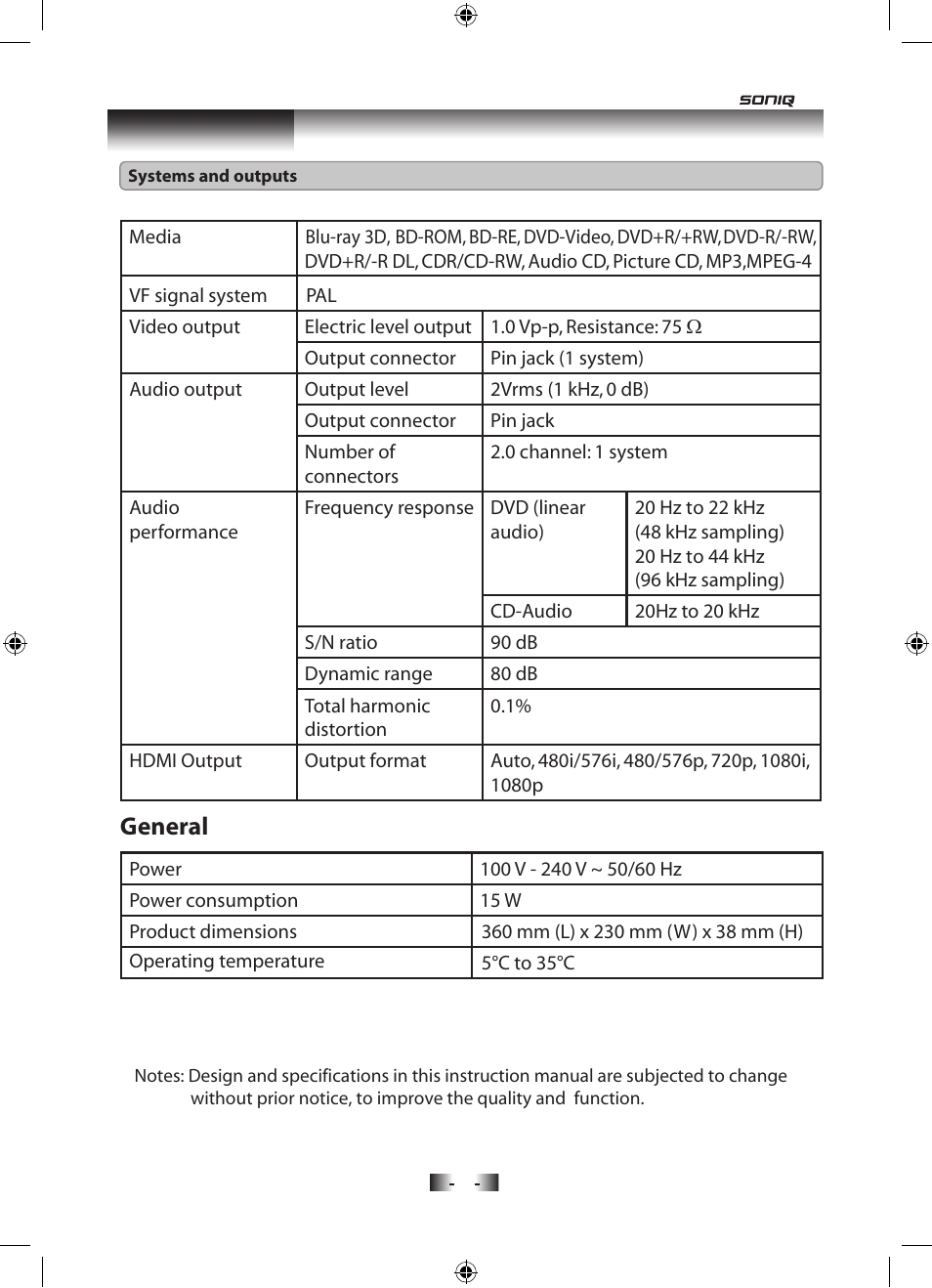 General, Specifications | SONIQ B501 User Manual | Page 17 / 20