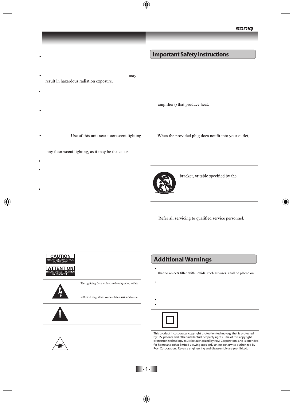 Warnings and precautions, Additional warnings important safety instructions | SONIQ B501 User Manual | Page 3 / 20