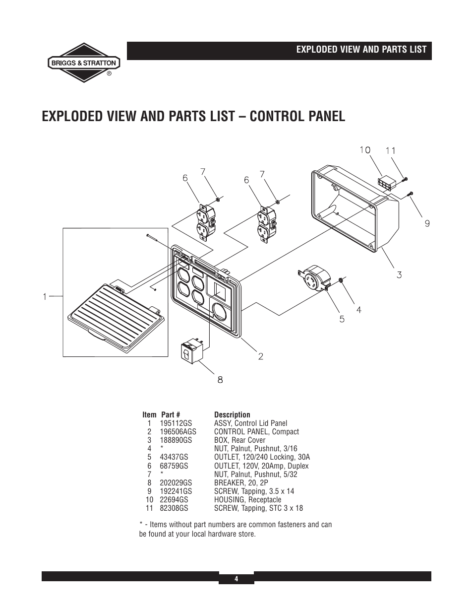 Exploded view and parts list – control panel | Briggs & Stratton Elite 030206 User Manual | Page 4 / 6