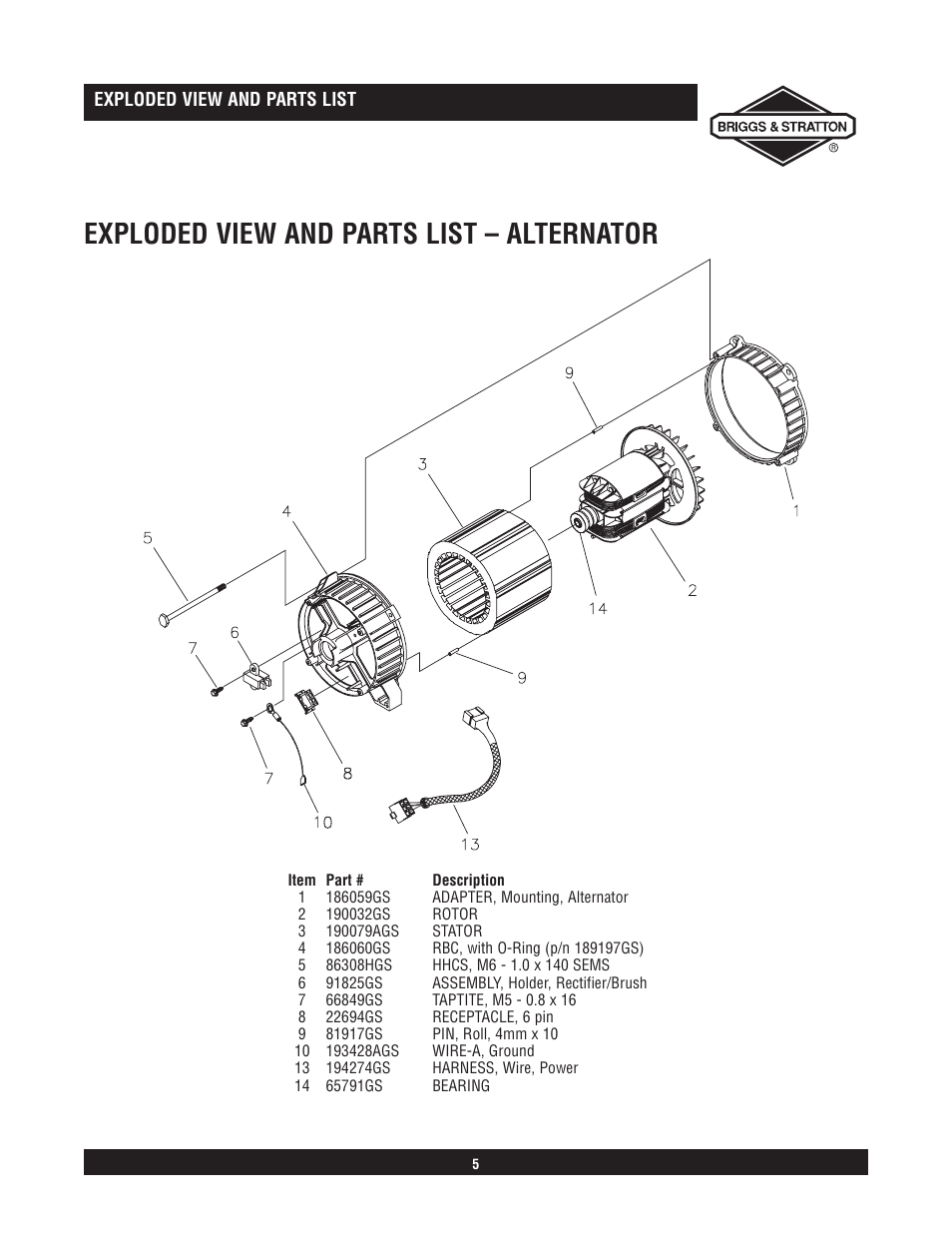 Exploded view and parts list – alternator | Briggs & Stratton Elite 030206 User Manual | Page 5 / 6