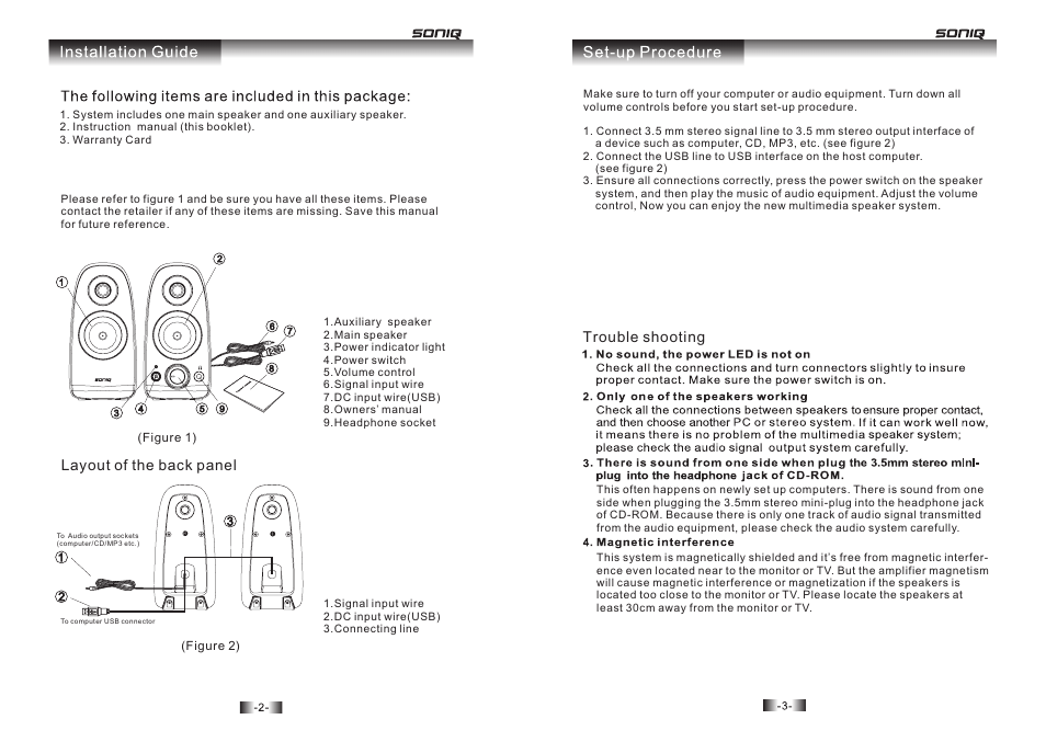 Layout of the back panel, Trouble shooting | SONIQ CSA20 User Manual | Page 3 / 3