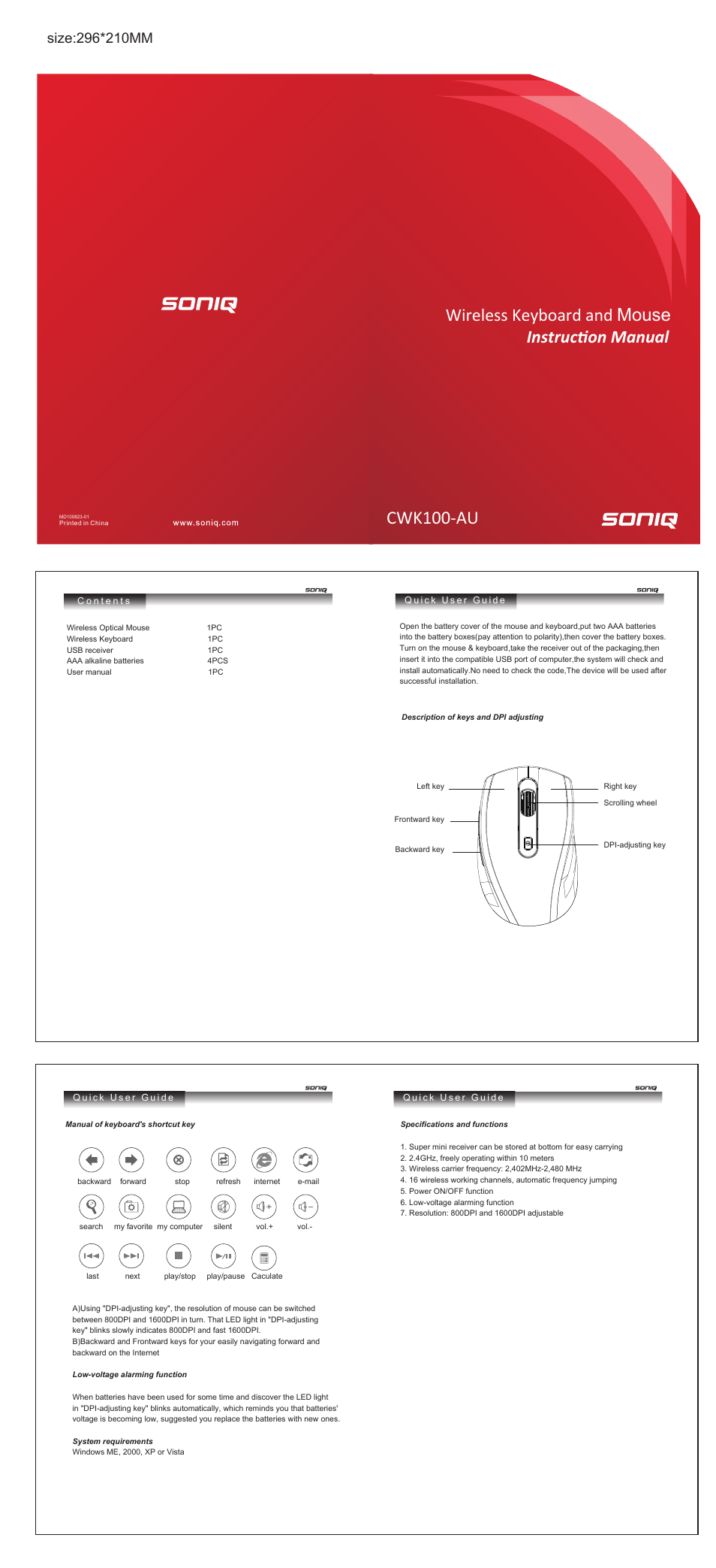 SONIQ CWK100 User Manual | 1 page