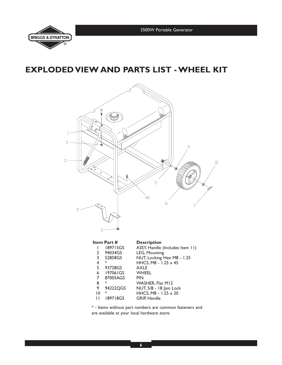 Exploded view and parts list - wheel kit | Briggs & Stratton 030208-1 User Manual | Page 6 / 6