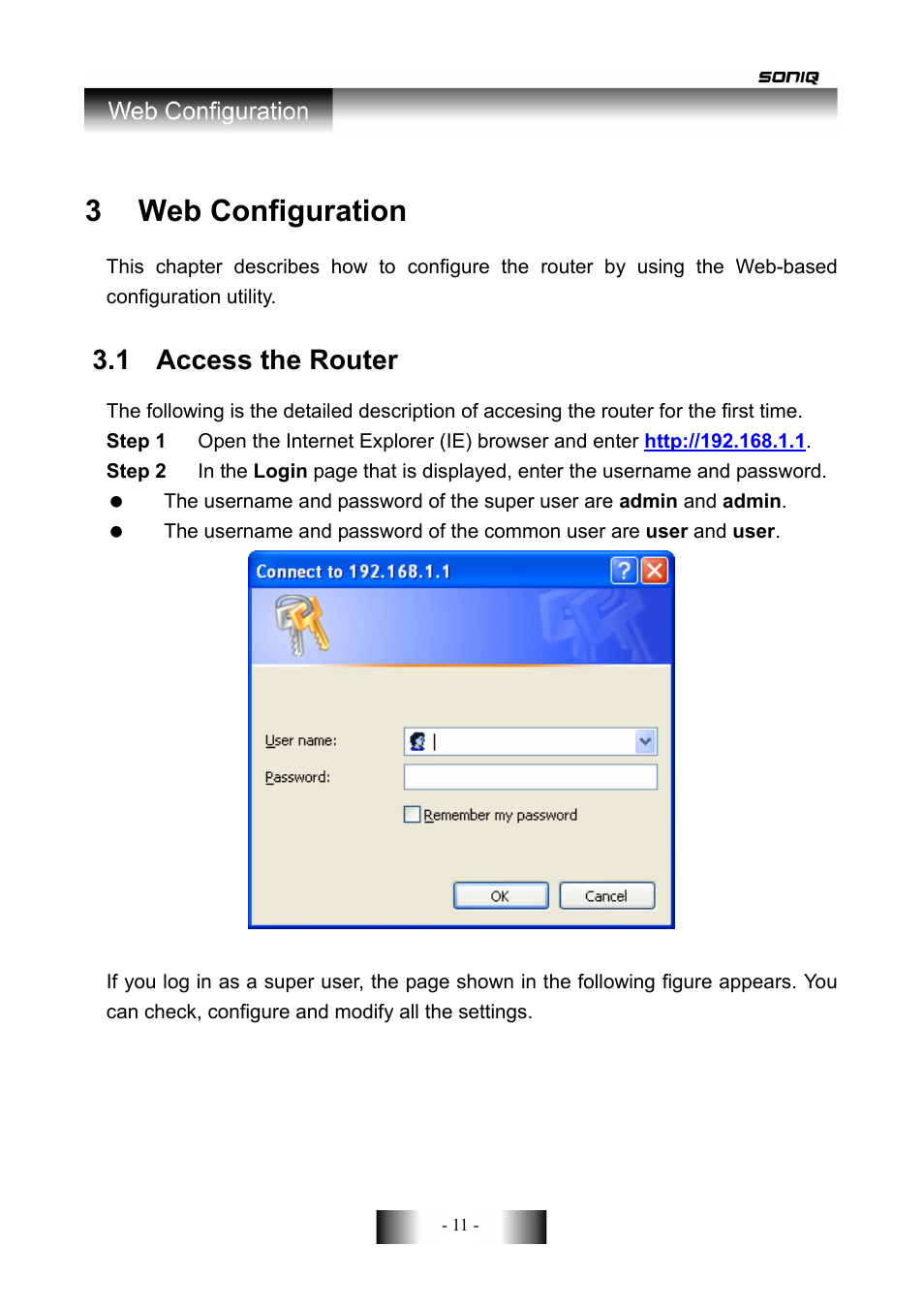 3 web configuration, 1 access the router | SONIQ CWR150NS User Manual | Page 12 / 90