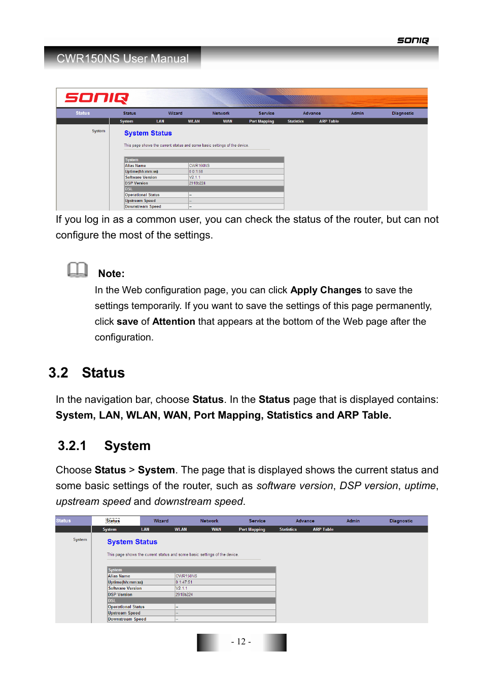 2 status, 1 system | SONIQ CWR150NS User Manual | Page 13 / 90