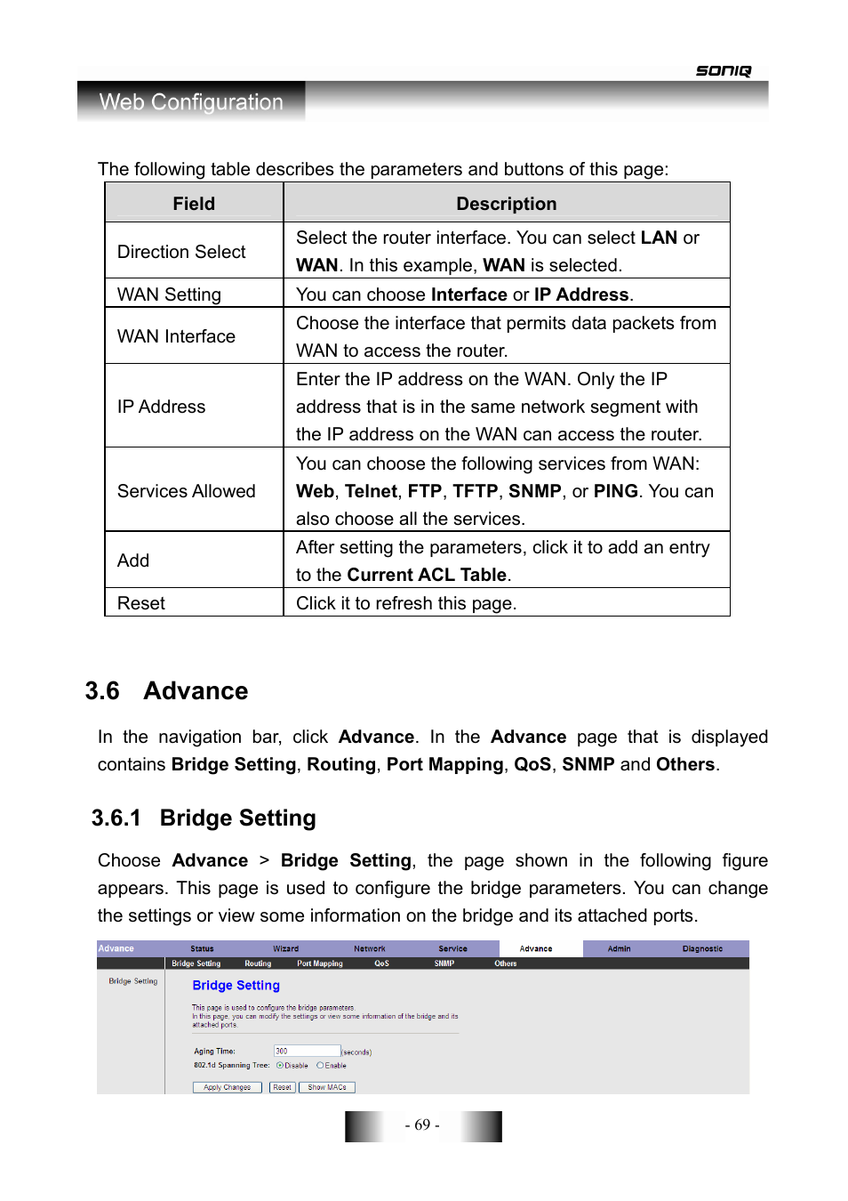 6 advance, 1 bridge setting | SONIQ CWR150NS User Manual | Page 70 / 90