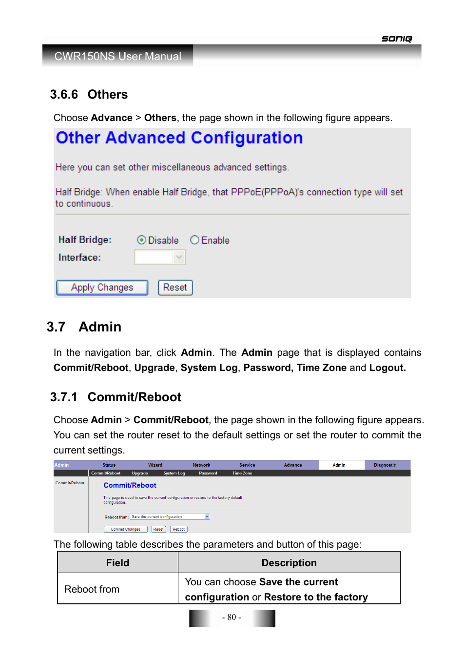 7 admin, 6 others, 1 commit/reboot | SONIQ CWR150NS User Manual | Page 81 / 90