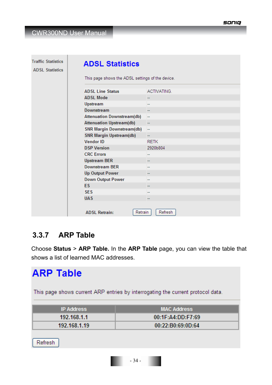 7 arp table | SONIQ CWR300ND User Manual | Page 36 / 101