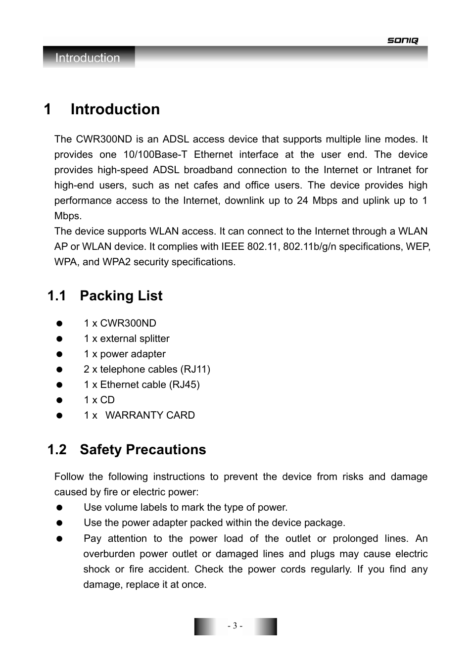 1 introduction, 1 packing list, 2 safety precautions | SONIQ CWR300ND User Manual | Page 5 / 101