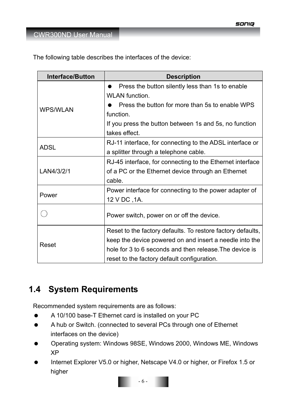 4 system requirements | SONIQ CWR300ND User Manual | Page 8 / 101