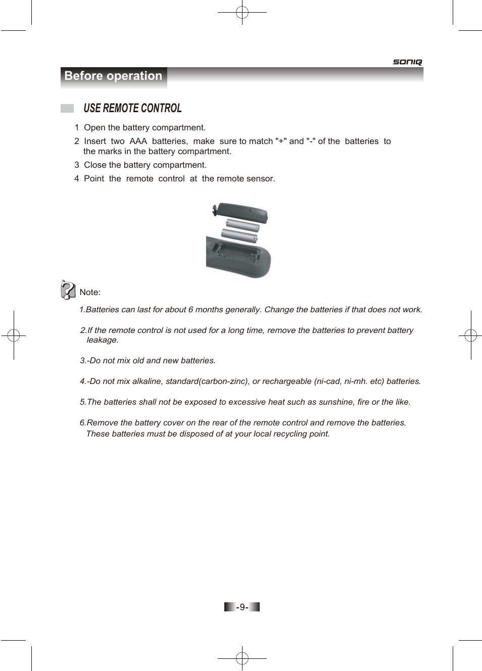 页面 9, Use remote control, Before operation | SONIQ D100 User Manual | Page 10 / 34