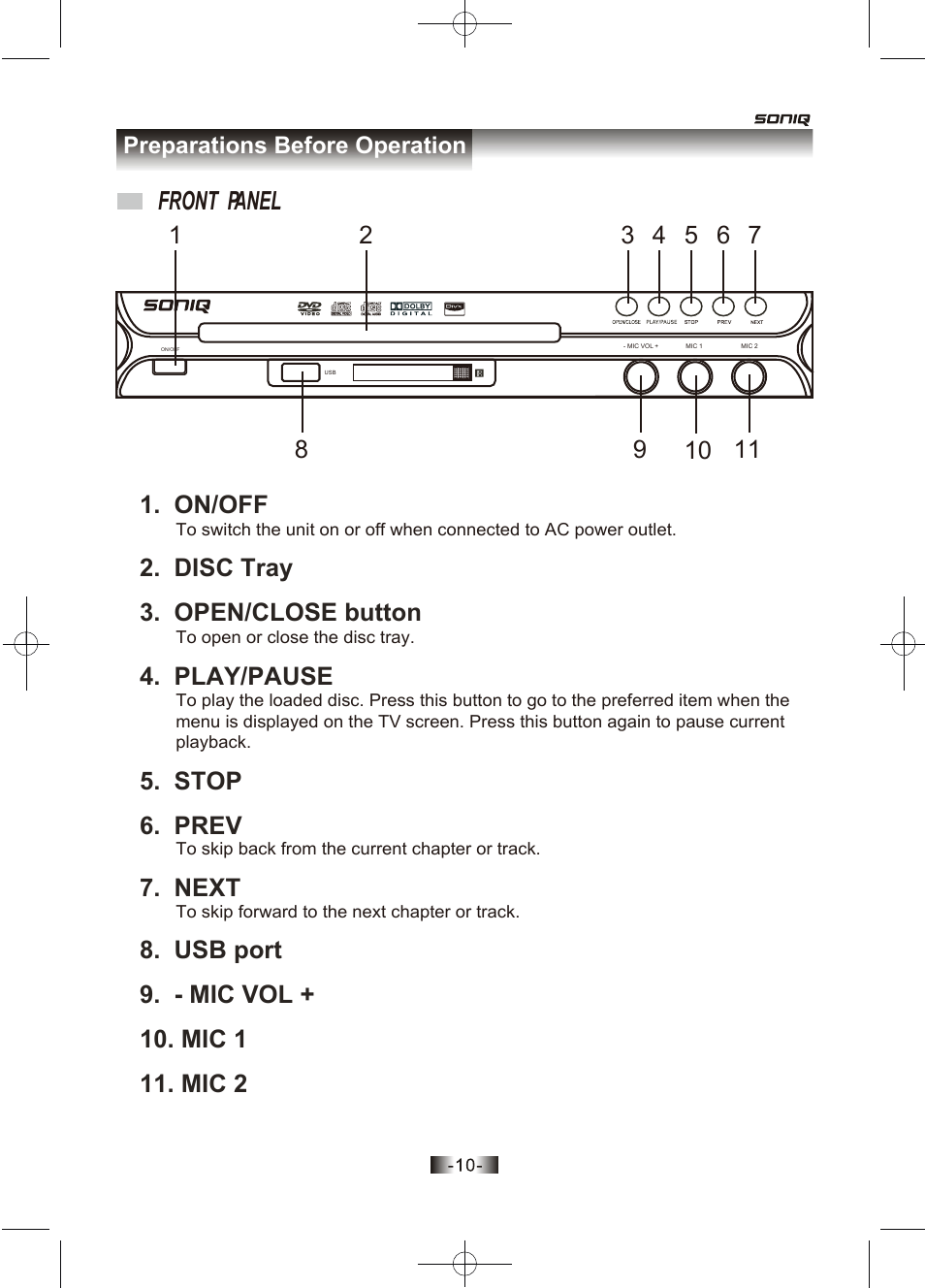 页面 10, Front panel, Open/close button | Prev, Next, Play/pause, Preparations before operation | SONIQ D100 User Manual | Page 11 / 34