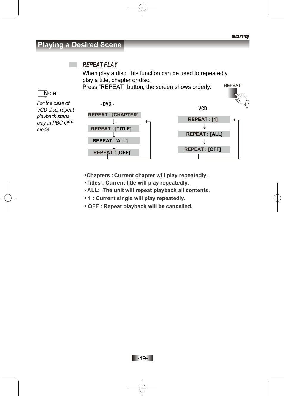 页面 20, Playing a desired scene, Repeat play | SONIQ D100 User Manual | Page 20 / 34