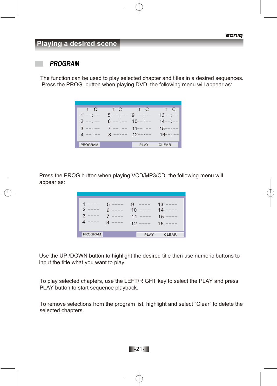 页面 22, Program, Playing a desired scene | SONIQ D100 User Manual | Page 22 / 34