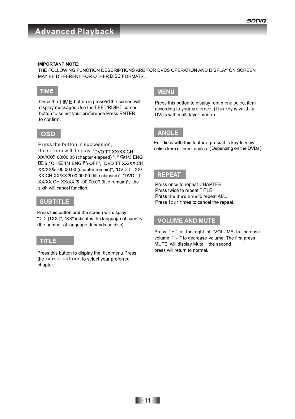 页 11 | SONIQ D101 User Manual | Page 11 / 21