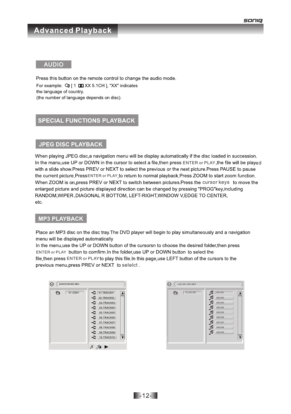 页 12, Audio, Selelct | Cursor keys, Enter or play | SONIQ D101 User Manual | Page 12 / 21
