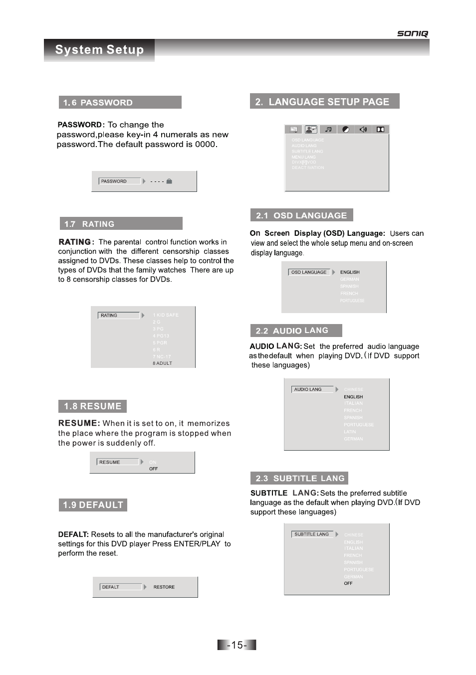 页 15, 8 resume 1.9 default | SONIQ D101 User Manual | Page 15 / 21