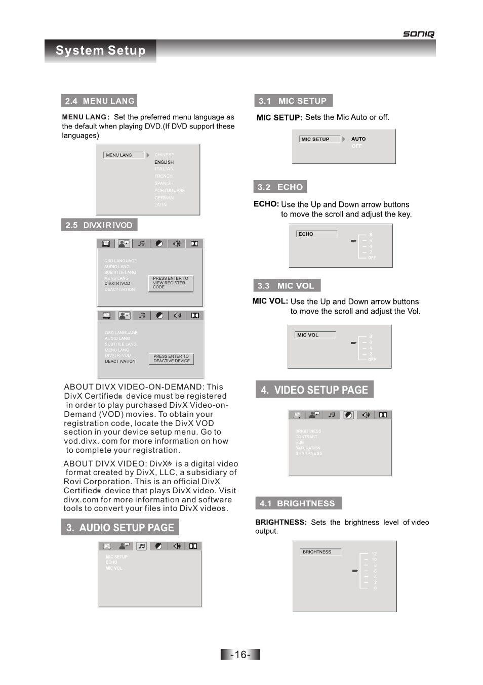 页 16, Menu lang, Divx r vod | SONIQ D101 User Manual | Page 16 / 21