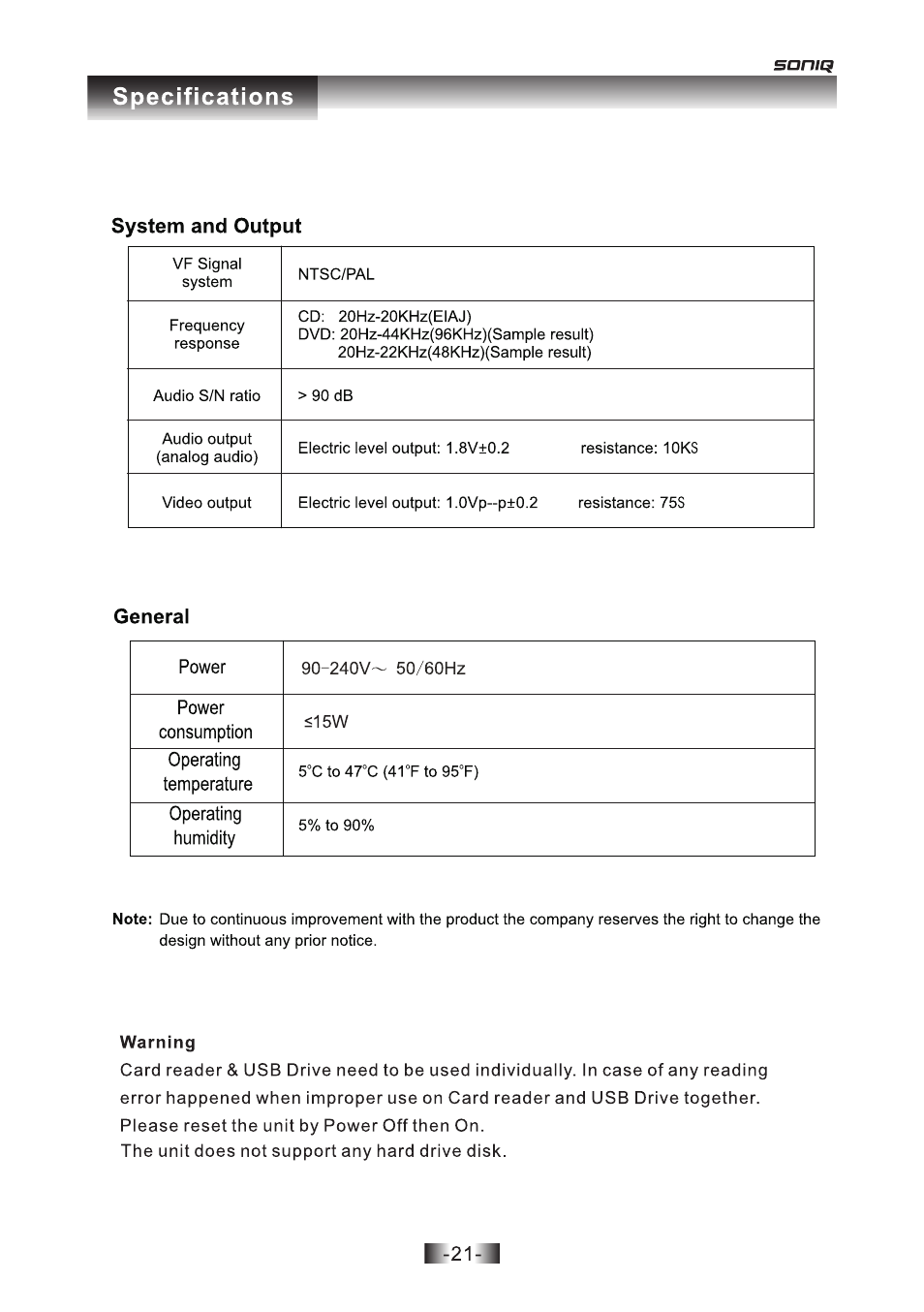 页 21 | SONIQ D101 User Manual | Page 21 / 21