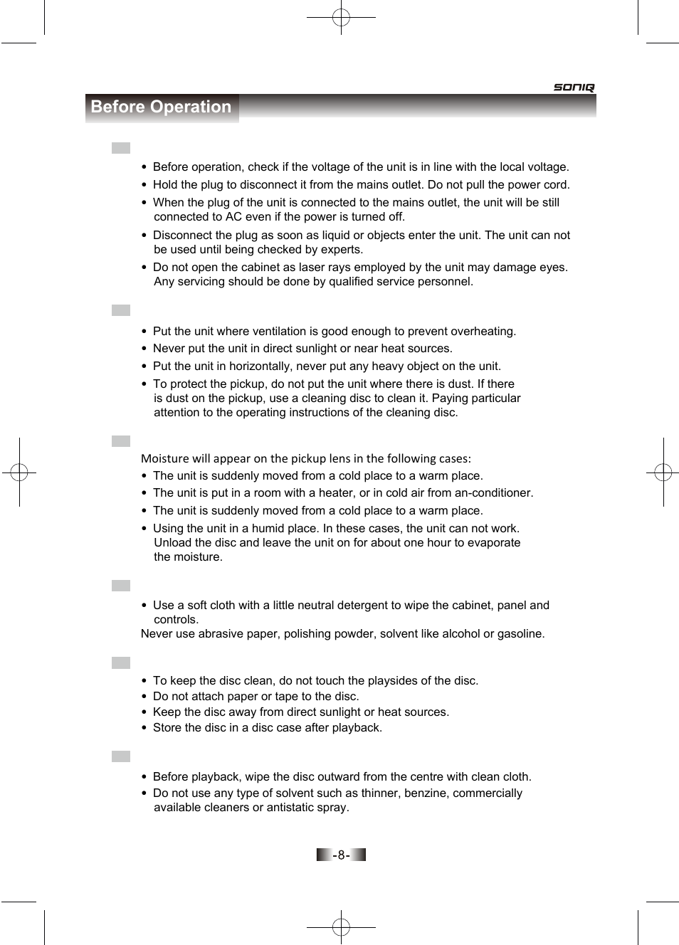 页面 8, Before operation | SONIQ D150 User Manual | Page 10 / 36