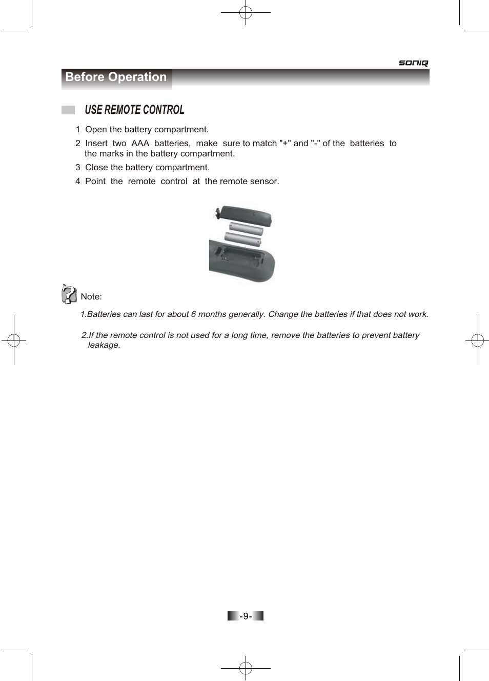 页面 9, Use remote control, Before operation | SONIQ D150 User Manual | Page 11 / 36