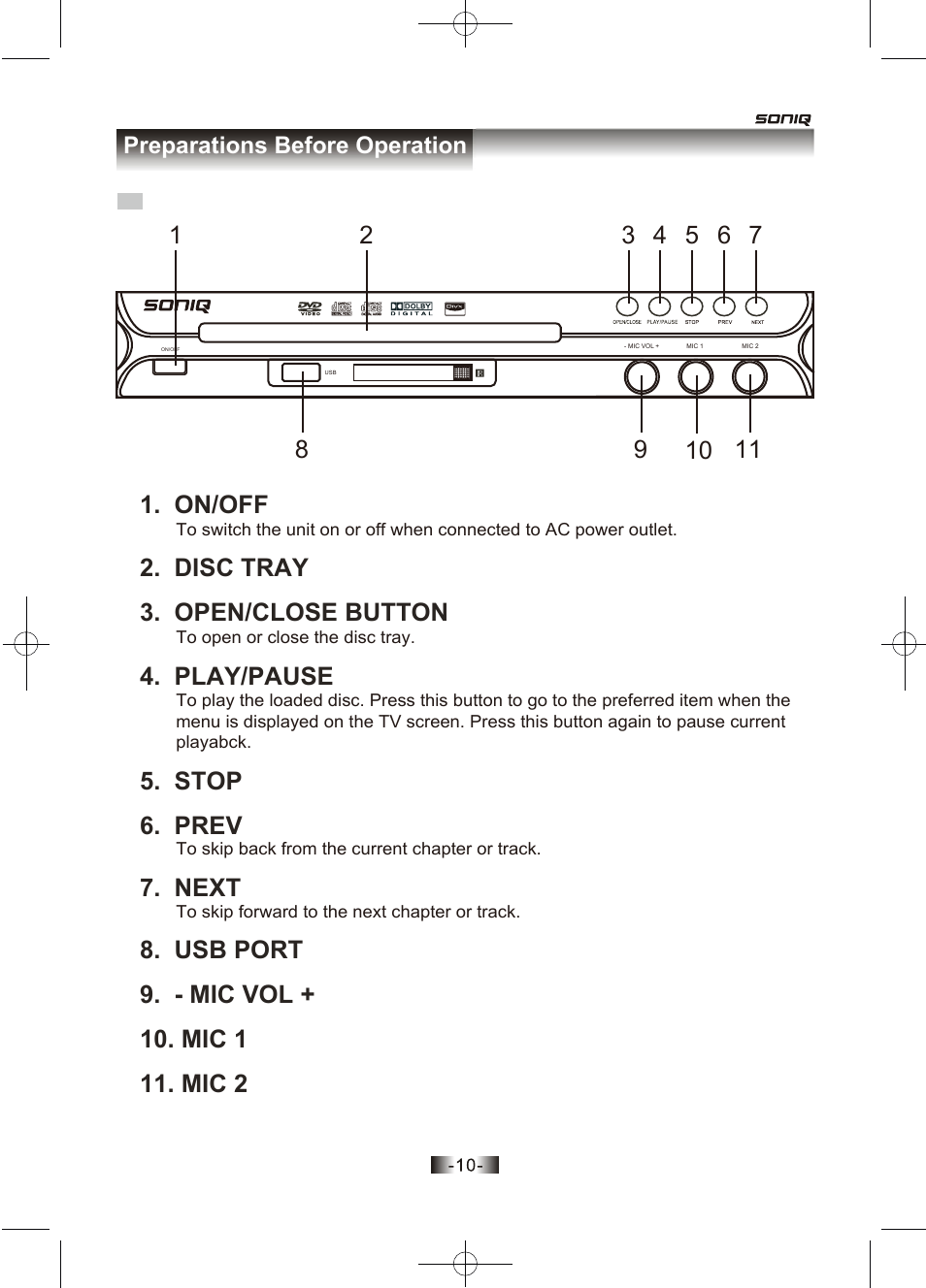 页面 10, Front panel, Open/close button | Prev, Next, Play/pause, Preparations before operation | SONIQ D150 User Manual | Page 12 / 36