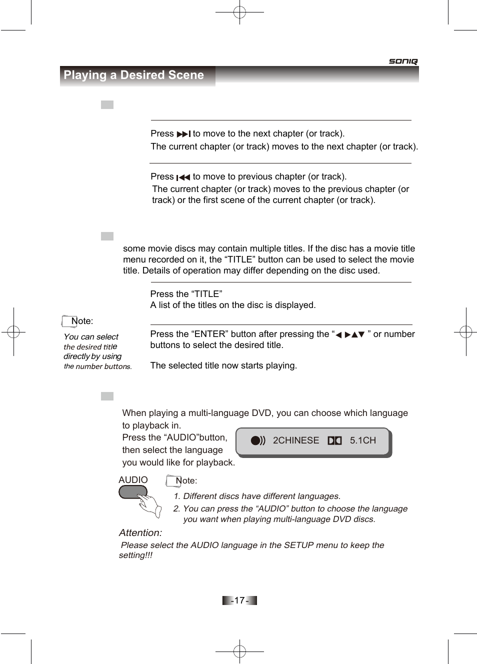 页面 18, Select audio language, Playing a desired scene | SONIQ D150 User Manual | Page 19 / 36