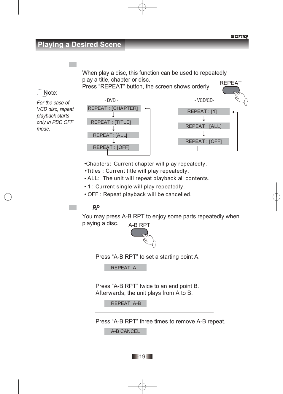 页面 20, Playing a desired scene | SONIQ D150 User Manual | Page 21 / 36