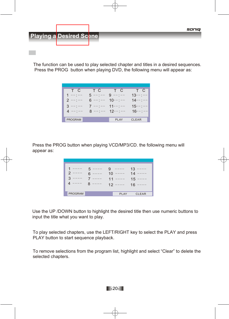 页面 22, Program, Playing a desired scene | SONIQ D150 User Manual | Page 22 / 36