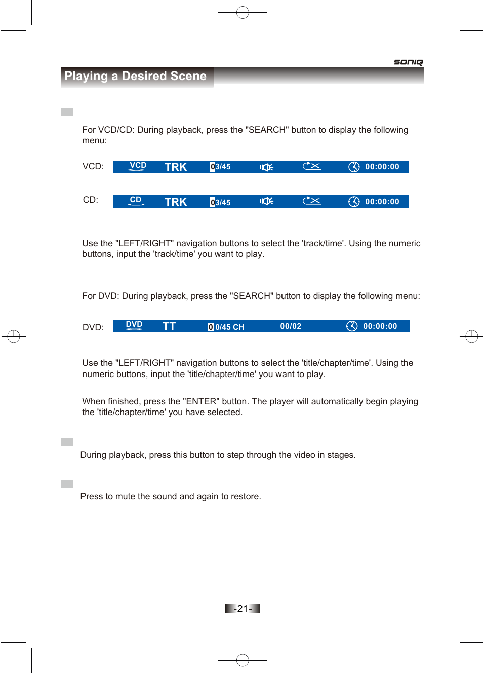 页面 23, Search step, Mute | Playing a desired scene | SONIQ D150 User Manual | Page 23 / 36