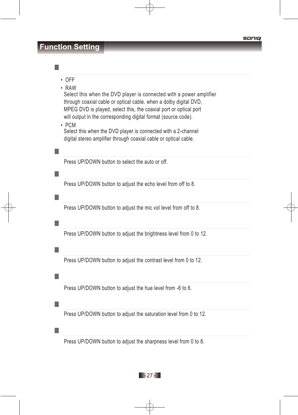 Function setting | SONIQ D150 User Manual | Page 29 / 36