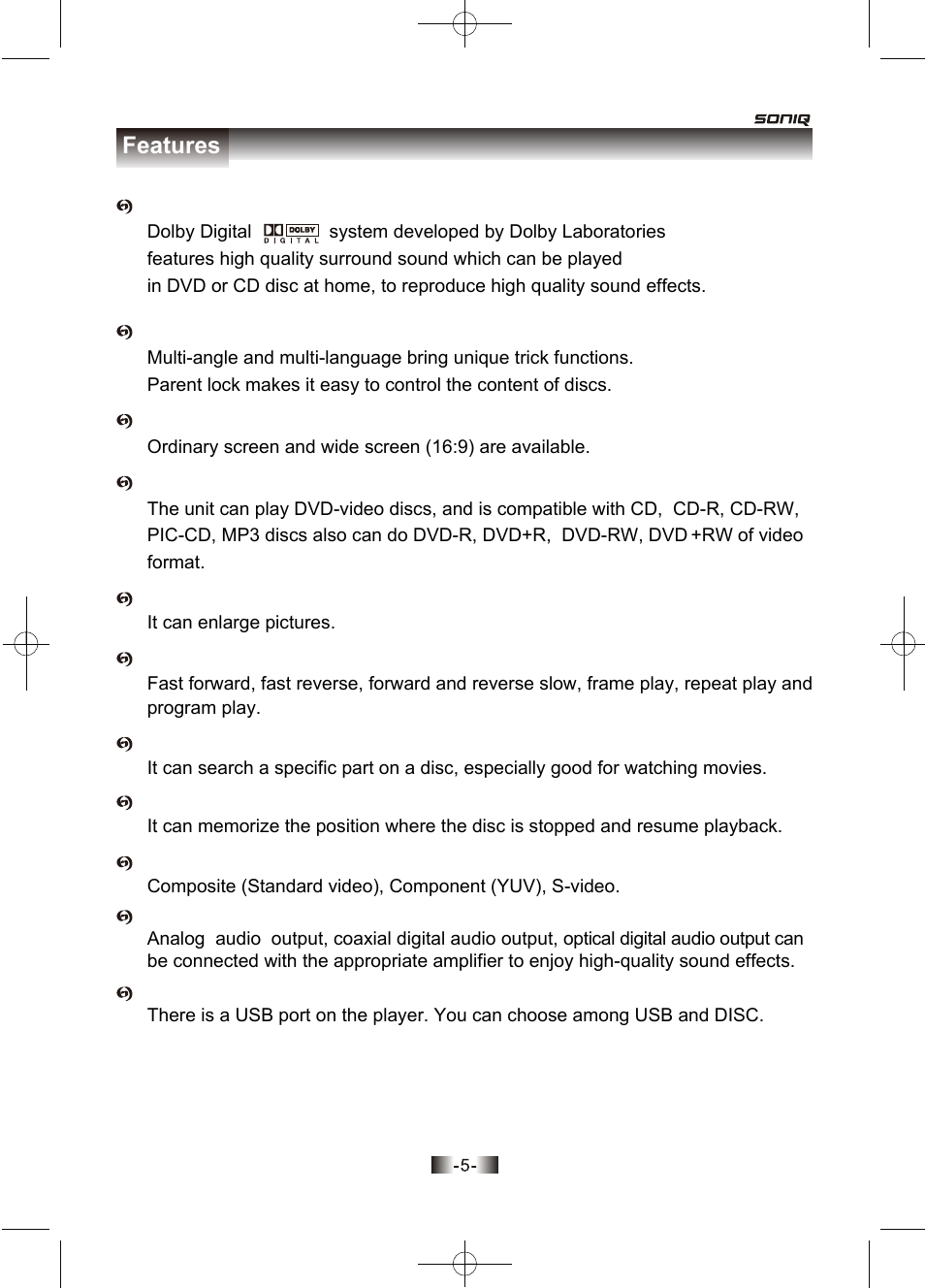页面 5, Features | SONIQ D150 User Manual | Page 7 / 36