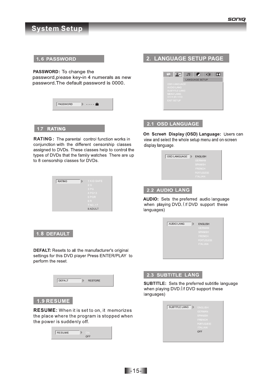 页 15, Lang | SONIQ D301 User Manual | Page 16 / 22