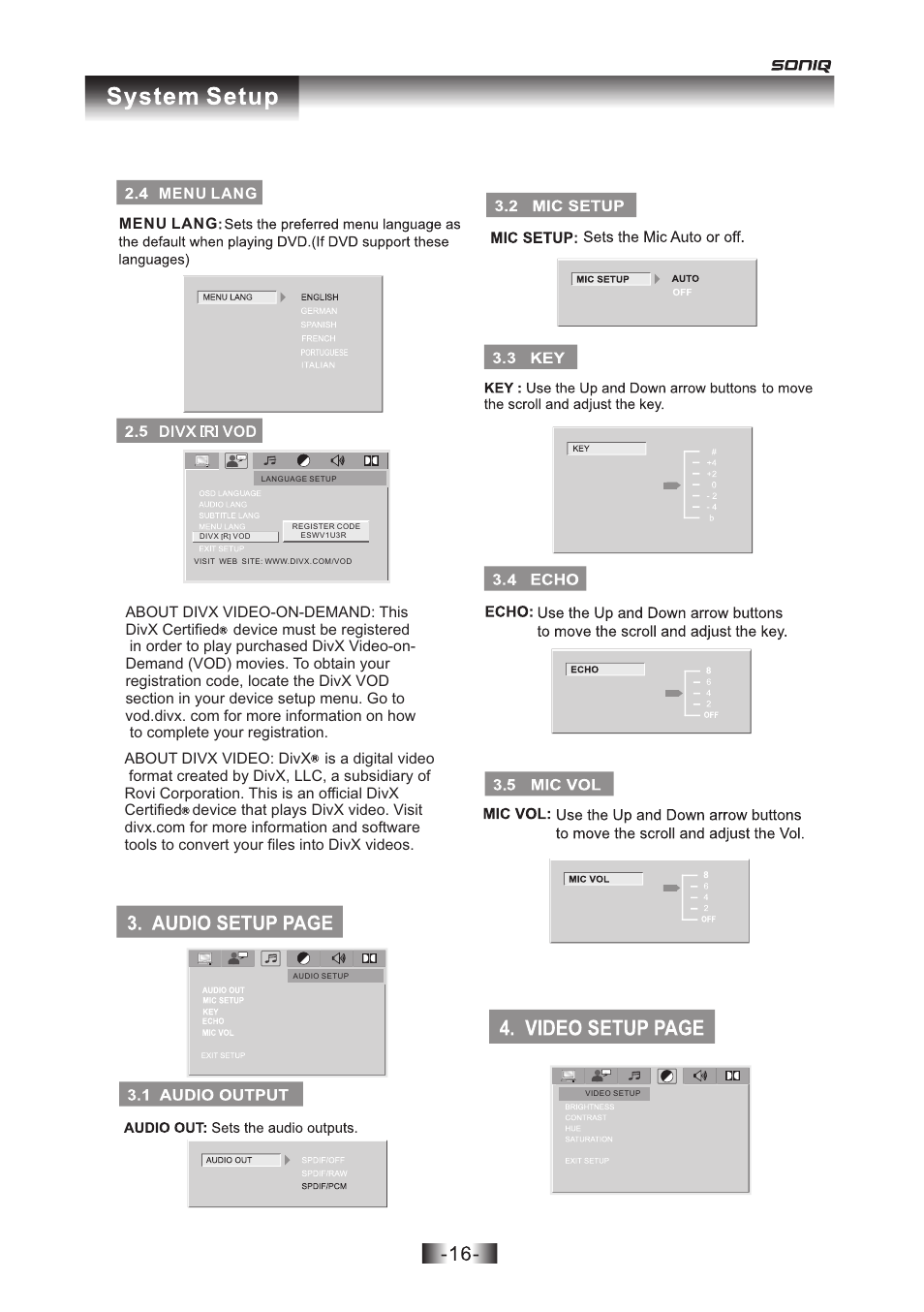 页 16, Menu lang, Divx r vod | SONIQ D301 User Manual | Page 17 / 22