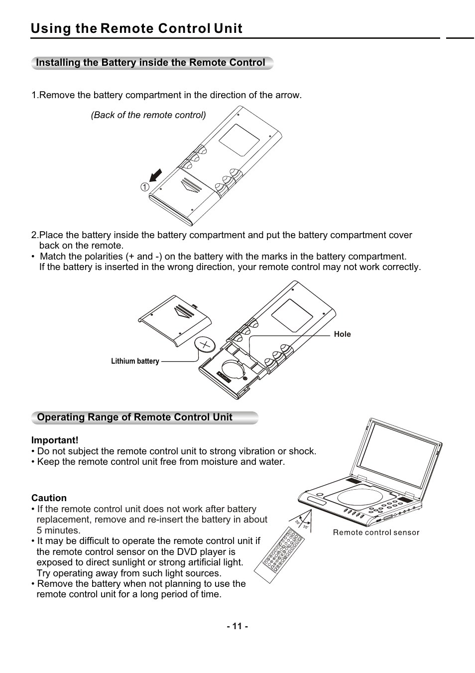 Using the remote control unit, Installing the battery inside the remote control, Operating range of remote control unit | Back of the remote control) | SONIQ DVP1000 User Manual | Page 12 / 41