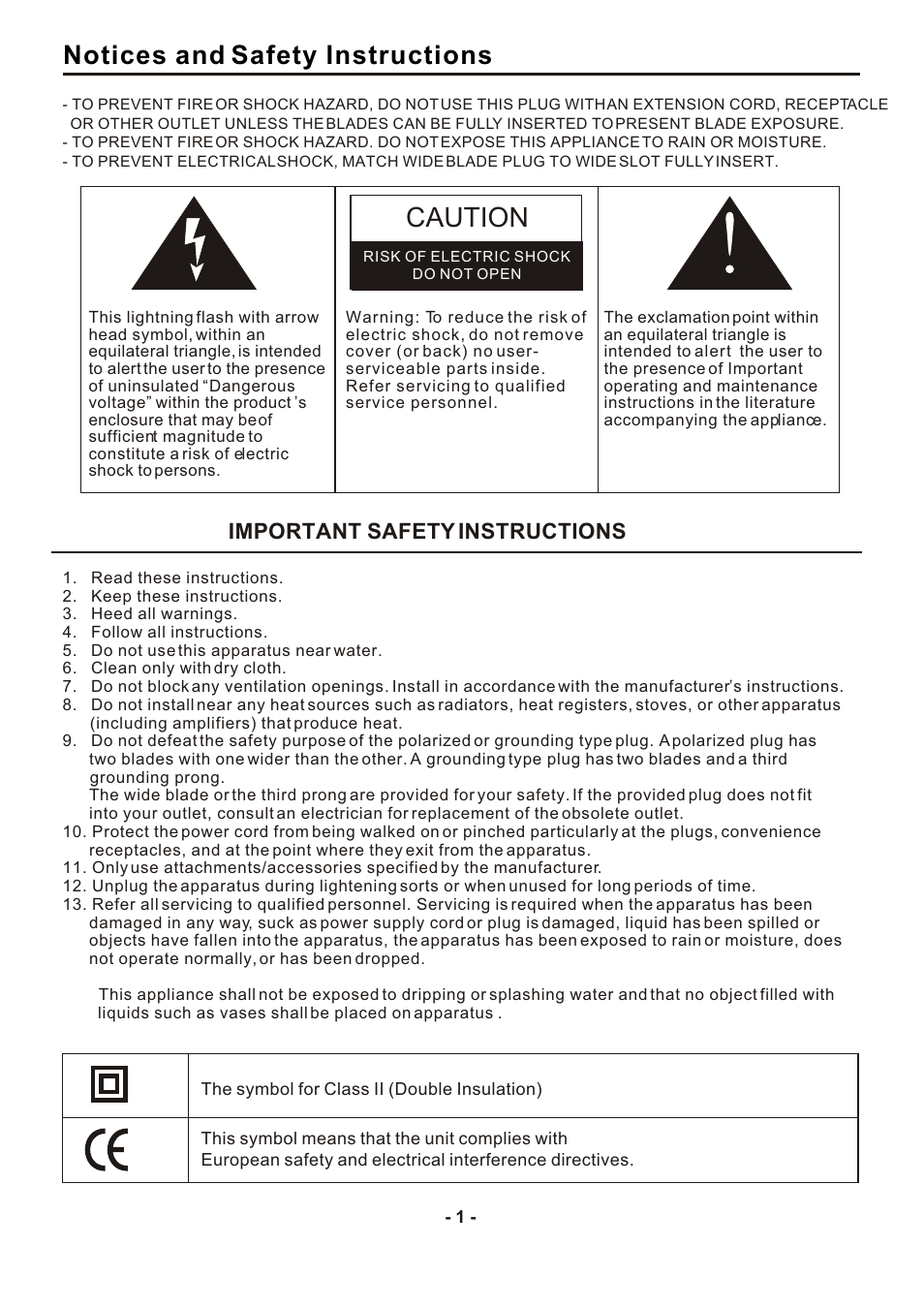 Caution, Notices and safety instructions, Important safety instructions | SONIQ DVP1000 User Manual | Page 2 / 41