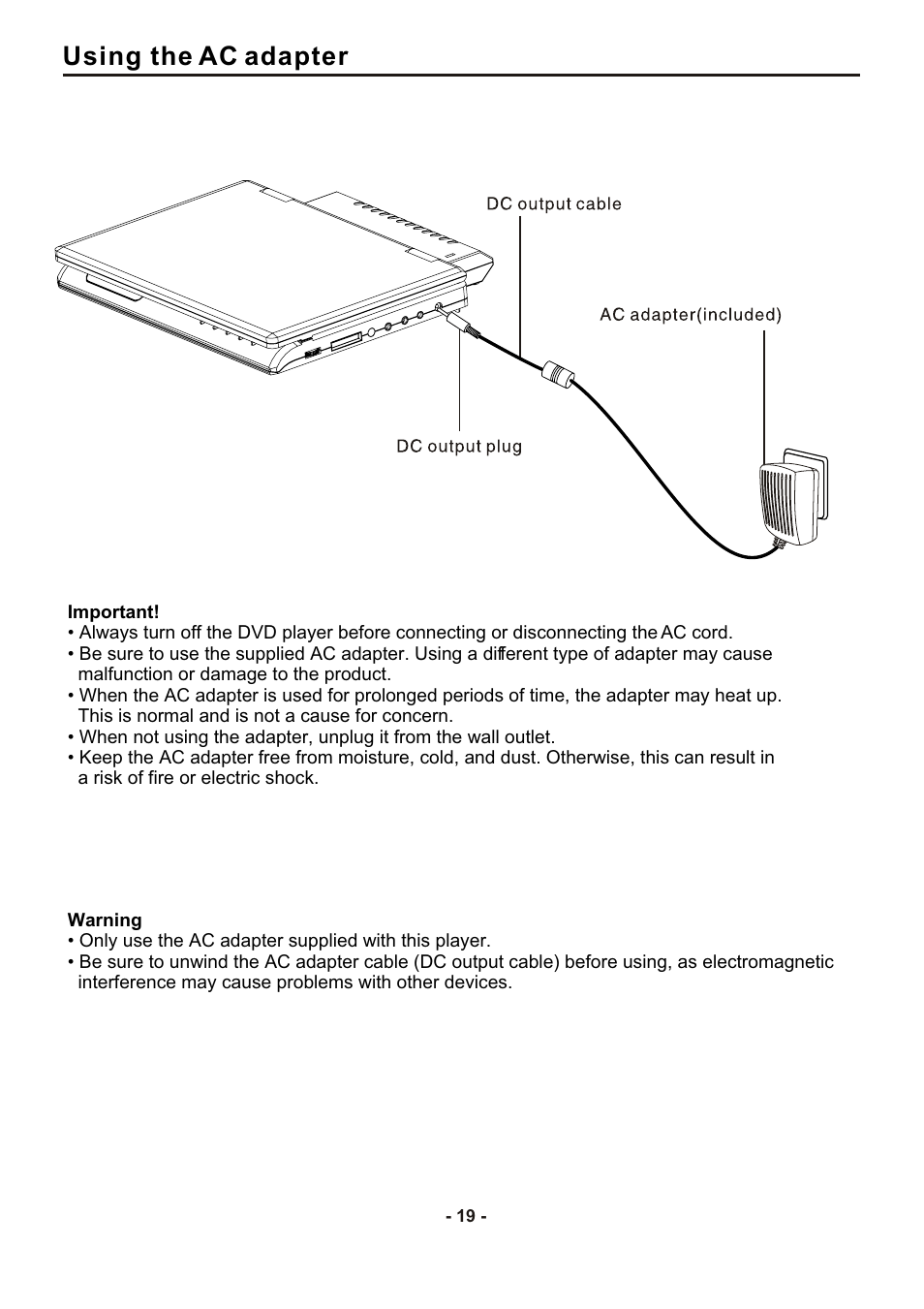 Using the ac adapter | SONIQ DVP1000 User Manual | Page 20 / 41