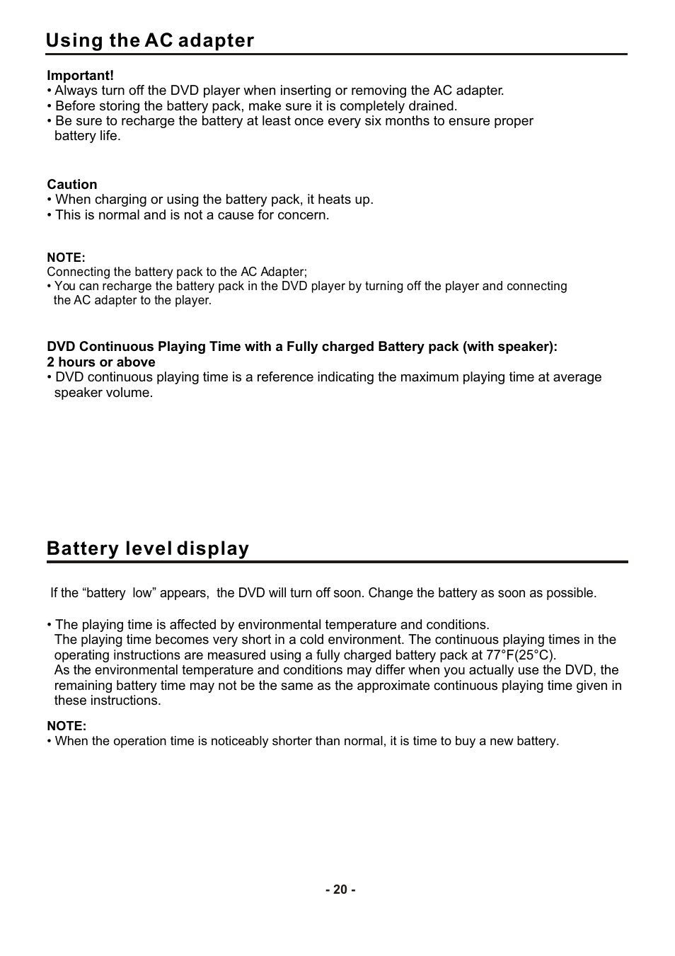 Using the ac adapter, Battery level display | SONIQ DVP1000 User Manual | Page 21 / 41