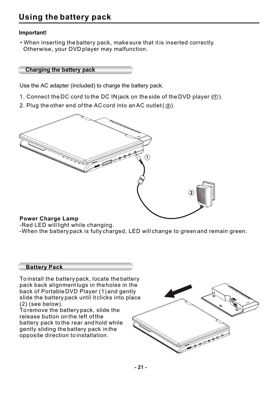 Using the battery pack | SONIQ DVP1000 User Manual | Page 22 / 41