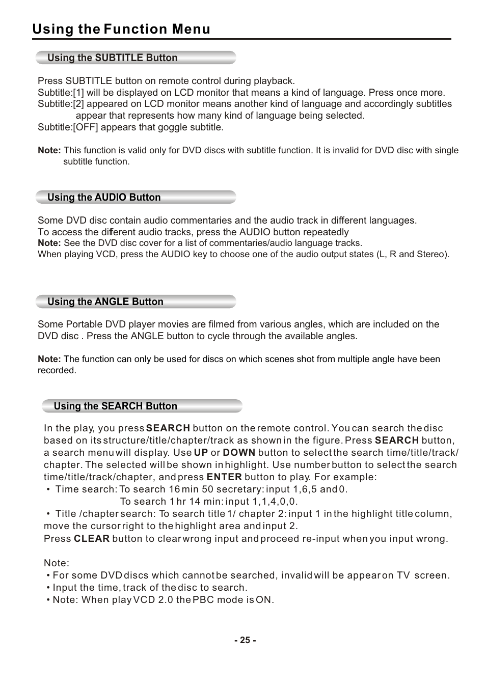 Using the function menu | SONIQ DVP1000 User Manual | Page 26 / 41