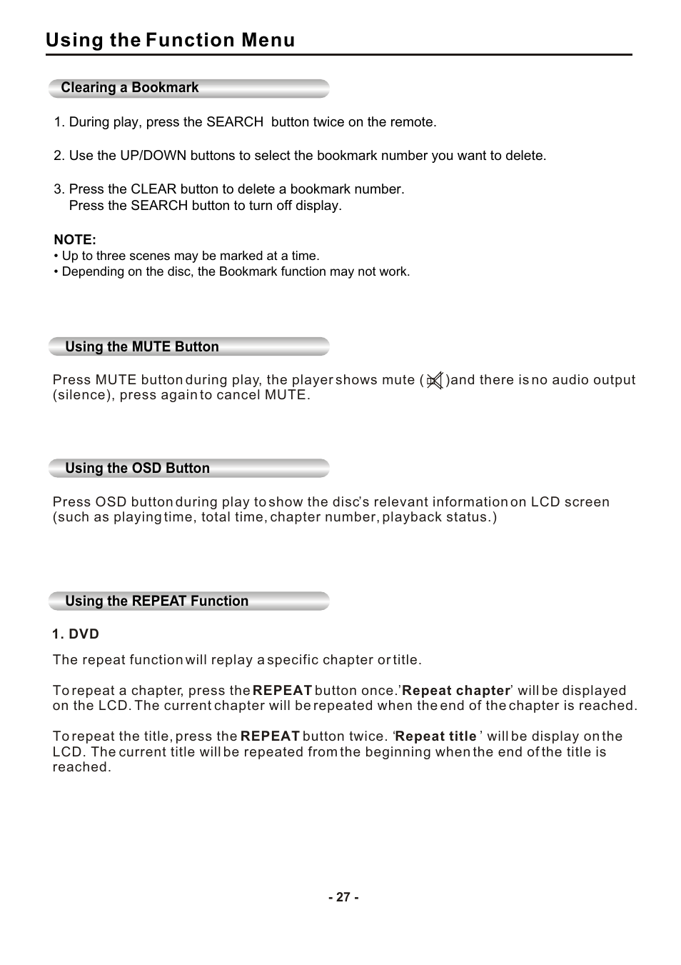 Using the function menu | SONIQ DVP1000 User Manual | Page 28 / 41