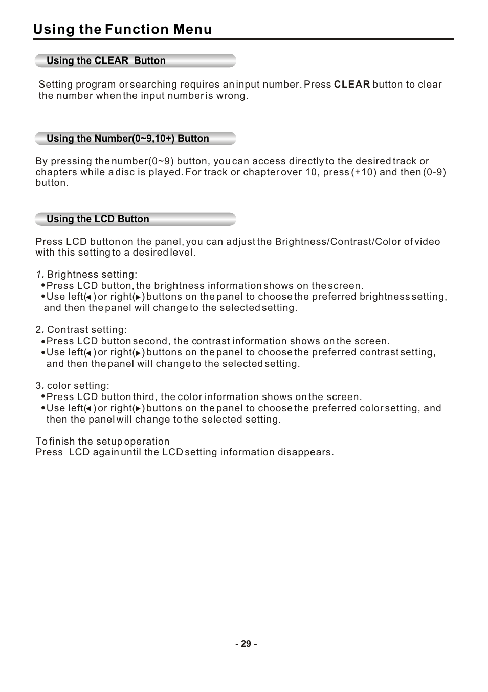 Using the function menu | SONIQ DVP1000 User Manual | Page 30 / 41